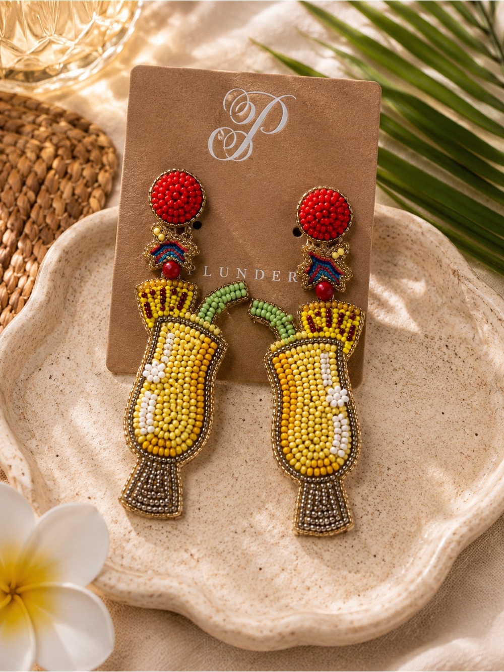 🍹 NWT Plunder Design Beaded Tropical Drink Statement Earrings – Yellow & Red
